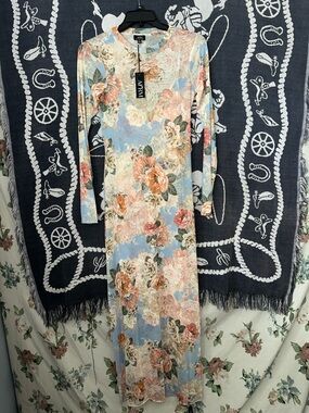 AFRM Floral Long Sleeve Maxi Dress in Pastel Blue and Peach